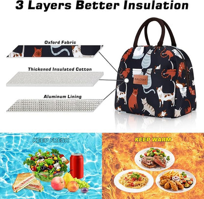 BALORAY Lunch Bag for Women Men Cute Reusable Insulated Lunch Box Large Capacity Lunch Tote Bag for Work, Picnic or Travel(Dark Blue With Cat)