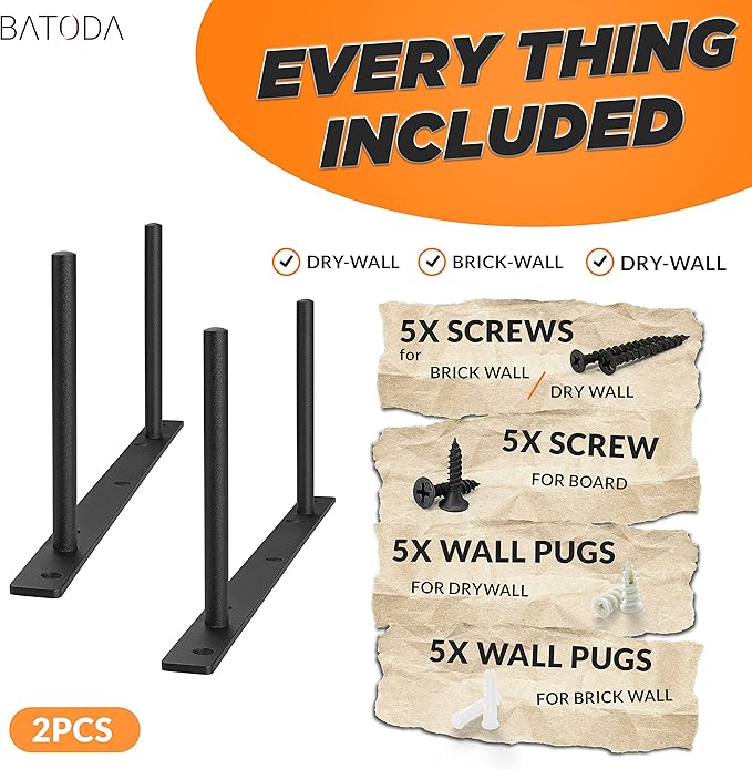 BATODA - 16" Heavy Duty Floating Shelf Bracket (2 pcs)–Solid Steel Blind Shelf Supports - Hidden Brackets for Floating Wood Shelves - Blind Shelf Support - Shelving Mounting Hardware Included (Pack 2)