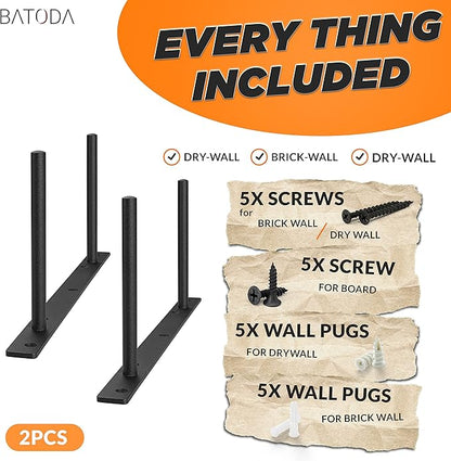 BATODA - 16" Heavy Duty Floating Shelf Bracket (2 pcs)–Solid Steel Blind Shelf Supports - Hidden Brackets for Floating Wood Shelves - Blind Shelf Support - Shelving Mounting Hardware Included (Pack 2)