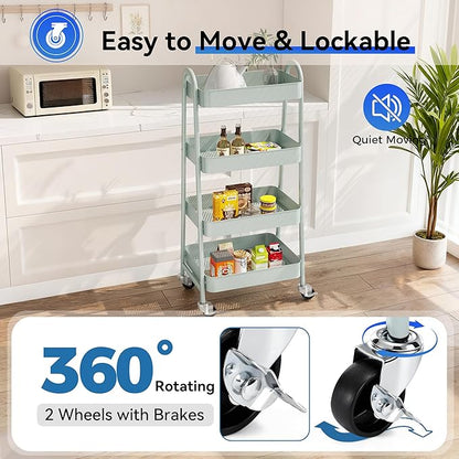 OLIXIS 4 Tier Utility Rolling Cart, Metal Mobile Storage Shelf with Lockable Caster Wheels, Organization for Livingroom, Bathroom, Kitchen, & Narrow Places, 4-Tier Green