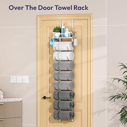 SWTYMIKI Over The Door Towel Rack - 9 Tier Towel Racks for Bathroom Wall Mounted, Towel Holder with Shelf, Hanging Rolled Towel Storage Organizer for Small Bathroom, Camper, RV, Sliver
