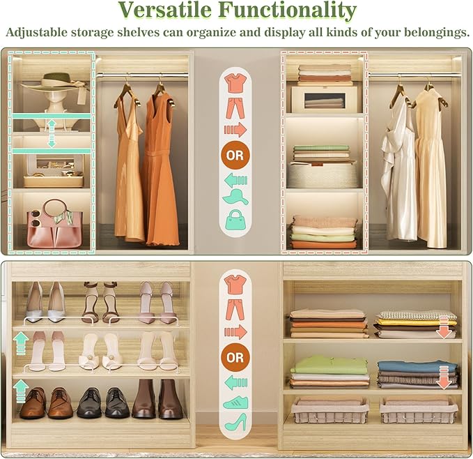Closet System with 2 Drawers, 3 Hanging Rods, 59.5" * 31.5" Closet Organizer System with Corner Tower, Reversible L Shaped Walk-in Closet System, Corner Closet System Set of 2, Greige Oak