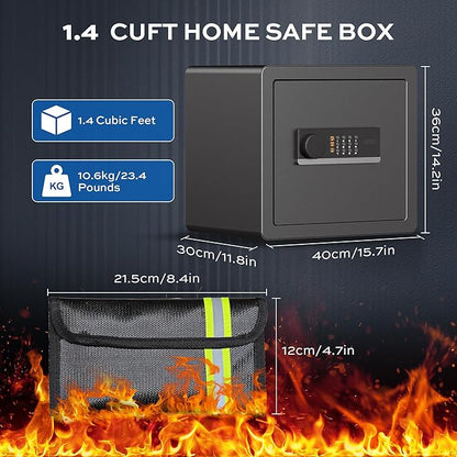 1.4 Cubic Feet Safe Box with Fireproof Waterproof Bag, Anti-theft Home Safe for Money Cash Documents Valuables, Digital Security Box with Alarm System, Electronic Keypad, Removable Shelf