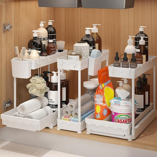 3 Pack Multi-Purpose Under Sink Organizers and Storage, 2026 L-Shaped Pull Out Cabinet Organizer for Bathroom & Kitchen, Under Cabinet Organizer with Hooks Hanging Cup (White, 12.85 inch)