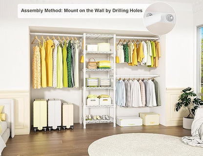 Ulif M5 Wall Mounted Clothes Garment Rack, Heavy Duty Closet Storage and Organizer with 6 Shelves and 3 Expandable Hanger Rods, Space Saver Suit (46.2-102.4)" W x 14" D x 83.1" H, White