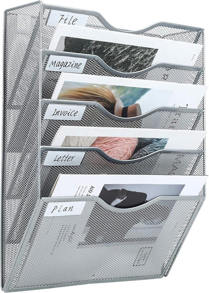 PAG Hanging Wall File Holder Mail Organizer Wall Mount Document Letter Rack, 5-Tier, Silver