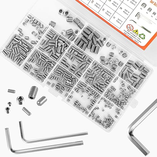 485 Pcs 304 Stainless Steel Set Screws 14 Size Set Screw Assortment Kit M3/M4/M5/M6/M8 Head Socket Hex Metric Cup-Point Screws