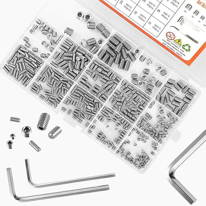 485 Pcs 304 Stainless Steel Set Screws 14 Size Set Screw Assortment Kit M3/M4/M5/M6/M8 Head Socket Hex Metric Cup-Point Screws