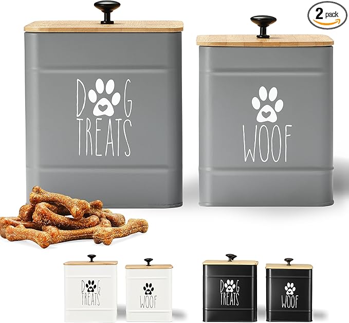PERFNIQUE Dog Treat Container, Airtight Dog Treat Jar Set of 2, Dog Cookie Jar for kitchen Counter, Pet Treat Container, Dog Treat Canister and Storage, 7.8x6.2 & 7.3x5.5(Grey)