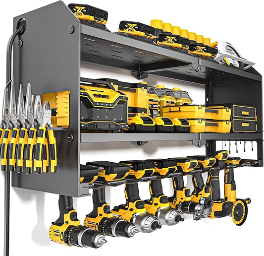 YYR Power Tool Organizer with Charging Station Wall Mount, Cordless Drill and Battery Holder for Garage Organization, Electric Tools Storage Rack Build in Surge Protection Power Strip - Black Shelf