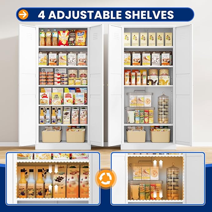 MIIIKO Metal Pantry Cabinet, Utility Storage Cabinets with 2 Doors and 5 Shelves, Versatile Freestanding Tall Cupboard for Kitchen, Bedroom, Laundry Room and Office, 71" H x 15.7" D x 31.5" W