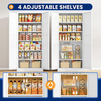 MIIIKO Metal Pantry Cabinet, Utility Storage Cabinets with 2 Doors and 5 Shelves, Versatile Freestanding Tall Cupboard for Kitchen, Bedroom, Laundry Room and Office, 71" H x 15.7" D x 31.5" W