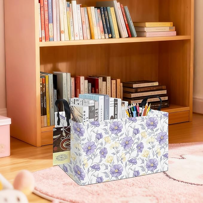 HUNRUNG Rectangle Storage Basket Cute Canvas Organizer Bin for Pet/Children Toys, Books, Clothes Perfect for Rooms(REC-Purple Flowers)