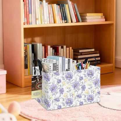 HUNRUNG Rectangle Storage Basket Cute Canvas Organizer Bin for Pet/Children Toys, Books, Clothes Perfect for Rooms(REC-Purple Flowers)