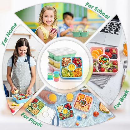 QQKO Bento Snack Box Containers for Adults Kids, 4 Pack Lunchable Meal Prep Containers Reusable, Stackable Bento Lunch Box, Food Storage Prep Containers with 4 Sauce Cups, Pastel Color, White Lid