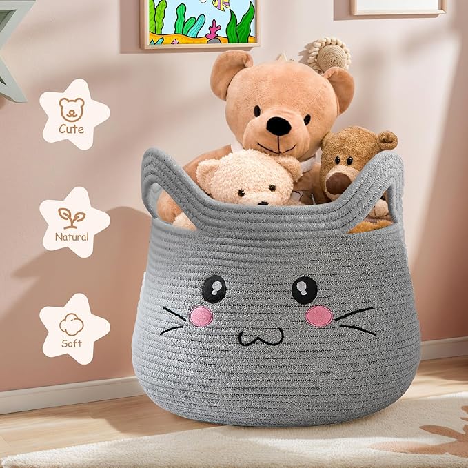 OMERAI Animal Cat Basket, Cute Cotton Rope Woven Large Blanket Basket, Toy Storage for Nursery decor and Laundry Organizer with Handles, baby hamper shower gift, 15"D x 12.6"H, Grey Open Eyes