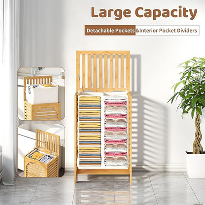 FILWH Laundry Hamper with Lid (16.9 * 13 * 26.5inches) Large Bamboo Laundry Bin Basket 85L Clothes Hamper with 1 Removable Bag Storage baskets for Bathroom(Natural)