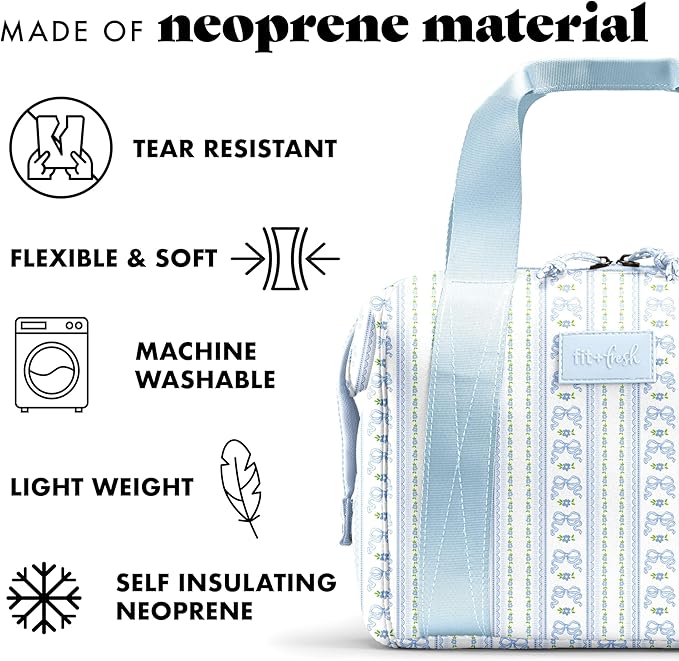 Fit & Fresh Neoprene Lunch Bag For Women, Insulated Womens Lunch Bag For Work, Tear & Stain Resistant Large Lunch Box For Women With Containers and Ice, Machine Washable Remi Bag, Blue Wallpaper Bows