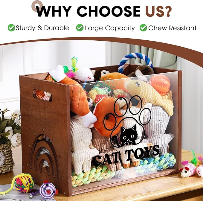 Large Cat Toy Basket Cat Toy Box Wooden Storage Bin with Acrylic Board Storage Box for Puppy Toys Pet Food and Accessories Organizer Holder Basket for Living Room Area(Brown, Cat)