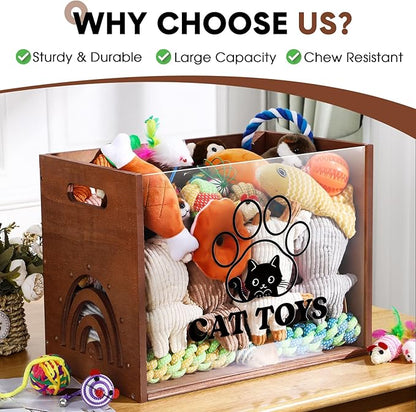 Large Cat Toy Basket Cat Toy Box Wooden Storage Bin with Acrylic Board Storage Box for Puppy Toys Pet Food and Accessories Organizer Holder Basket for Living Room Area(Brown, Cat)