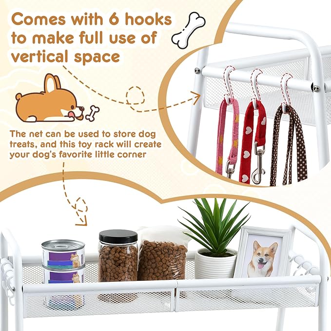 Zonon Large 2 Tier Dog Toy Organizer Basket Metal Pet Storage Bin with Collar Leash Holder Hook,Trapezoid Pet Toy Box for Food, Snacks & Accessories, Holder Chest for Dog & Cat Essential Supplies