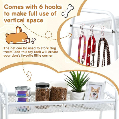 Zonon Large 2 Tier Dog Toy Organizer Basket Metal Pet Storage Bin with Collar Leash Holder Hook,Trapezoid Pet Toy Box for Food, Snacks & Accessories, Holder Chest for Dog & Cat Essential Supplies