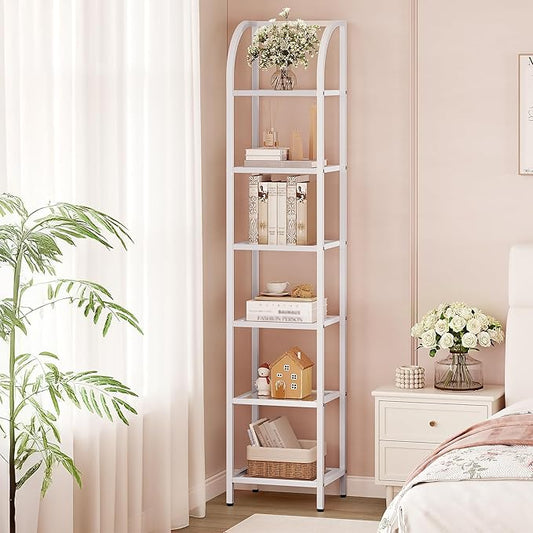 Bookcase Bookshelf, Tempered Glass Arched Bookshelf for More Storage, Slim Shelving Unit for Bedroom, Bathroom, Home Office, Steel Frame, 6 Tier White BC20699W