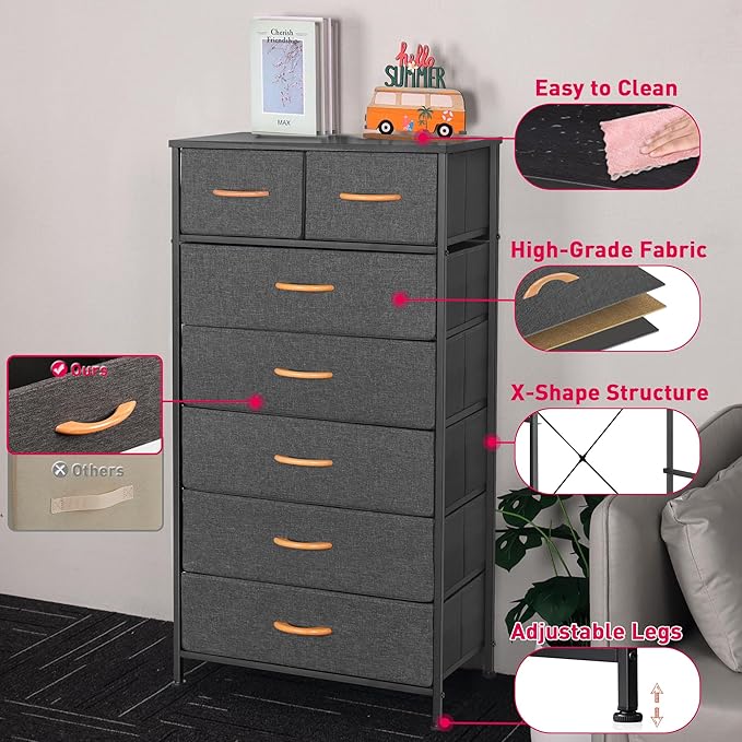 Mifuro Tall Dresser for Bedroom, Vertical Storage Organizer Tower with 7 Drawers, Chest of Drawers with Fabric Bins, Steel Frame, Wood Top for Bedroom, Closet, Entryway- Grey