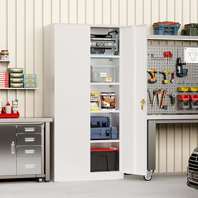 Greenvelly Metal Storage Cabinet - 72" Steel White Cabinet with 2 Doors and 4 Adjustable Shelves, Lockable - Perfect for Garage, Home Office, Pantry
