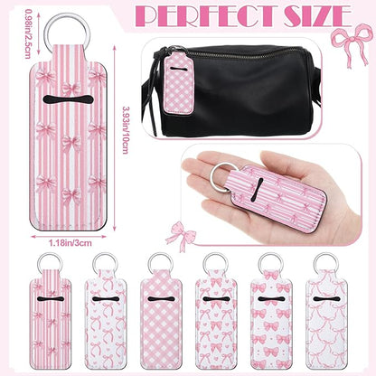 12 Pcs Lipstick Holder Keychain Bulk Cute Pocket Lip Balm Holder Keychain Backpack Purse Accessories for Women Lip Gloss Sleeve Pouch, 6 Style(Pink Bow)