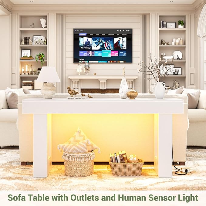 Unikito 63'' Farmhouse Console Table with Power Outlets and Sensor Light, Wooden Entryway Table with Storage, Rectangular Sofa Tables Behind The Couch for Entrance, Hallway, Living Room,