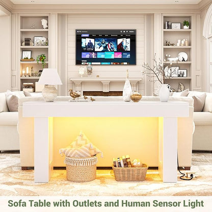 Unikito 63'' Farmhouse Console Table with Power Outlets and Sensor Light, Wooden Entryway Table with Storage, Rectangular Sofa Tables Behind The Couch for Entrance, Hallway, Living Room,