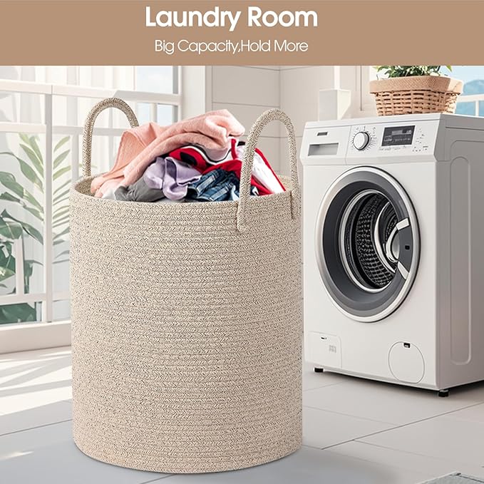 Large Woven Laundry Basket Hamper,Cotton Rope Storage Basket with Handles, 60L Capacity, 15x20 Inch, Beige, Woven Rope Basket Organizer for Laundry, Toys, Blankets