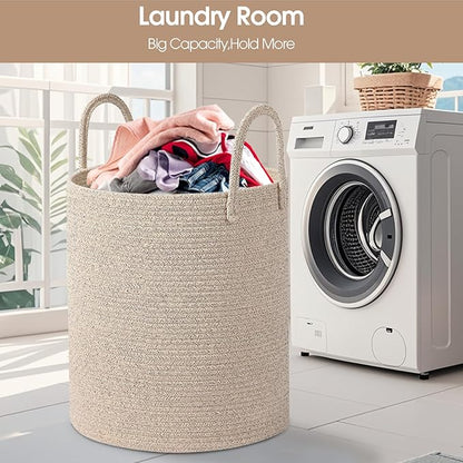 Large Woven Laundry Basket Hamper,Cotton Rope Storage Basket with Handles, 60L Capacity, 15x20 Inch, Beige, Woven Rope Basket Organizer for Laundry, Toys, Blankets