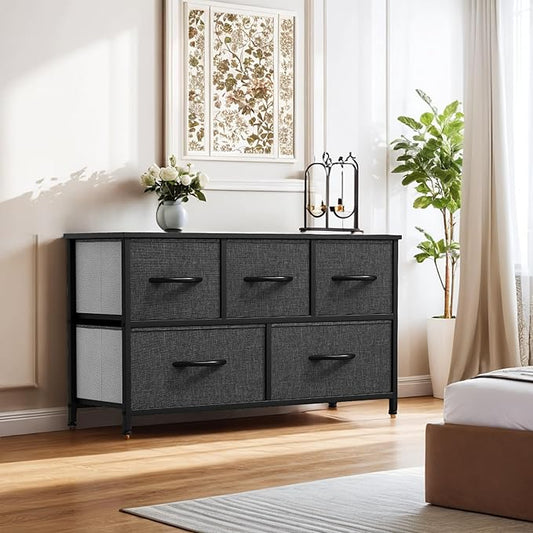 YITAHOME Dresser with 5 Drawers - Fabric Storage Tower, Black Dresser & Chest of Drawers, Organizer Unit for Bedroom