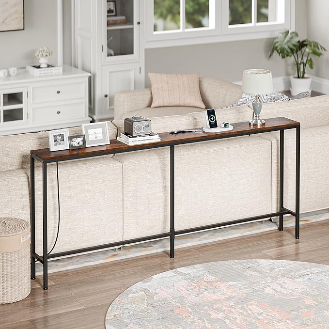 ZENY 70 Inch Console Table with Outlet, Narrow Sofa Table with Charging Station, Hallway Table for Living Room, Entryway, Foyer, Rustic Brown
