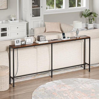 ZENY 70 Inch Console Table with Outlet, Narrow Sofa Table with Charging Station, Hallway Table for Living Room, Entryway, Foyer, Rustic Brown