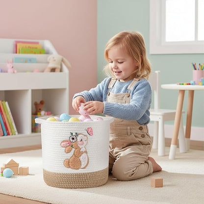INough Easter Basket for Kids, Small Easter Basket for Toddler Spring Gift Basket Bunny Baskets, Toy Storage Baskets Woven Cotton Rope Storage Bins Toys Organizer Clothes Hamper (Medium, Bunny)