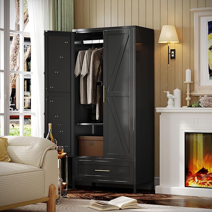 Aobabo Metal Wardrobe Cabinet with 1 Drawer, 71" H Metal Wardrobe Closet with 1 Adjustable Shelf and Hanging Rod for Home, Laundry Room, Bedroom, Black,Installation Required,