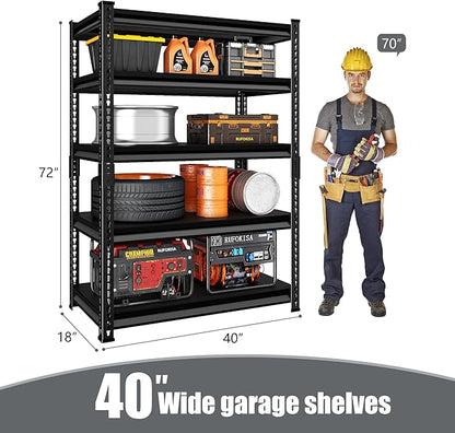 5-Tier Garage Shelving Heavy Duty, 72" Metal Shelving Unit - 2250 lbs Load Capacity, 40"W x 18"D x 72"H (Black)