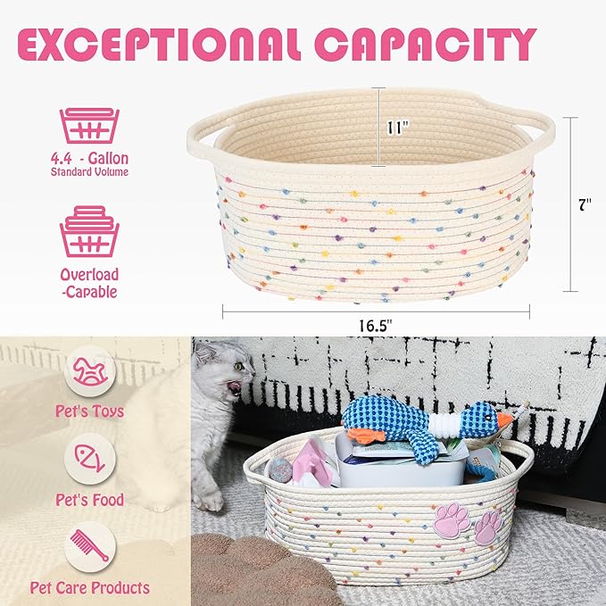Sea Team Pet Toy Storage Basket with Handles, 16.5 x 11 x 7 Inches, 4.4 Gallons Large Cotton Rope Storage Bin, Shelf Basket, Organizer for Cat, Dog Chew Toys, Foods, Rainbow & Pink Paws