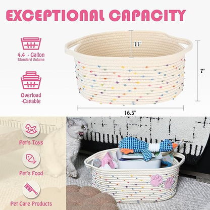 Sea Team Pet Toy Storage Basket with Handles, 16.5 x 11 x 7 Inches, 4.4 Gallons Large Cotton Rope Storage Bin, Shelf Basket, Organizer for Cat, Dog Chew Toys, Foods, Rainbow & Pink Paws