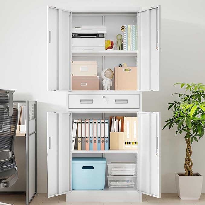 Metal Storage Cabinet, 71" H x 28" W x 16" D Locking Storage Cabinet with Adjustable Shelves and One Drawer for Office, Garage, Home, School, Utility(White)
