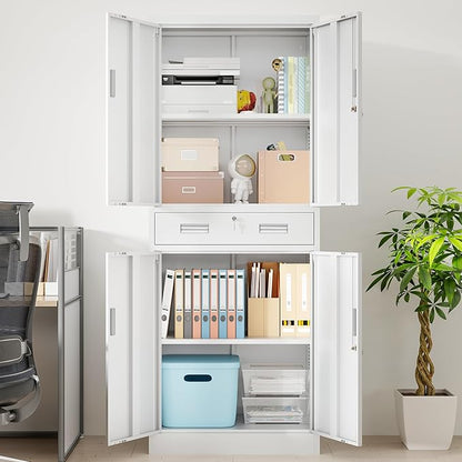 Metal Storage Cabinet, 71" H x 28" W x 16" D Locking Storage Cabinet with Adjustable Shelves and One Drawer for Office, Garage, Home, School, Utility(White)