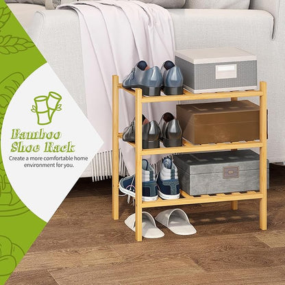 BMOSU 3-Tier Bamboo Small Shoe Rack Premium Stackable Shoe Shelf Storage Organizer for Hallway Closet Living Room Entryway Organizer (Natural Bamboo)