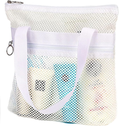 Mesh Shower Caddy Portable Shower Bag for Travel,Gym,Camping – Quick-Dry Hanging Toiletry Organizer with Zipper Pockets for Bathroom Essentials,White