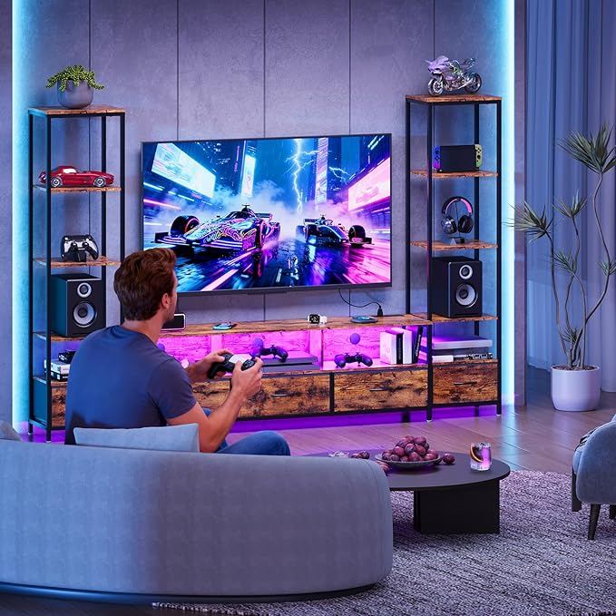 GarveeHome Entertainment Center, with 5 Fabric Drawer & 2 Bookshelf, TV Console Table with Shelf, LED & Power Outlets, for Home Office