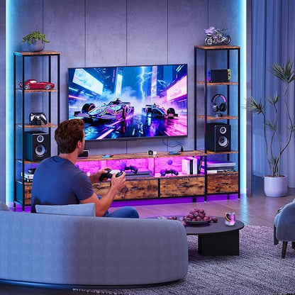 GarveeHome Entertainment Center, with 5 Fabric Drawer & 2 Bookshelf, TV Console Table with Shelf, LED & Power Outlets, for Home Office