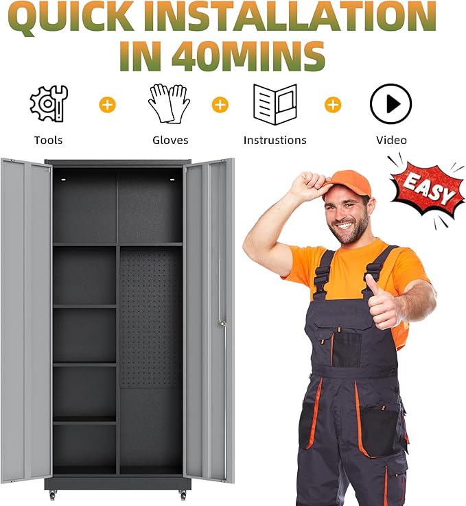 Metal Garage Storage Cabinet with Wheels, Locking Broom Closet Storage Cabinet with Adjustable Shelves, 71" H Tool Cabinet for Utility Room, Workshop, Warehouse
