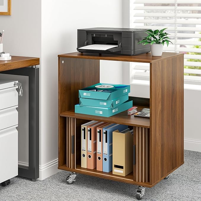 Printer Stand with Storage, File Cabinets with Sliding Doors, Rolling Printer Cart Under Desk with Open Storage Shelf for Home Office, Workspace (Walnut, 23.62" L)